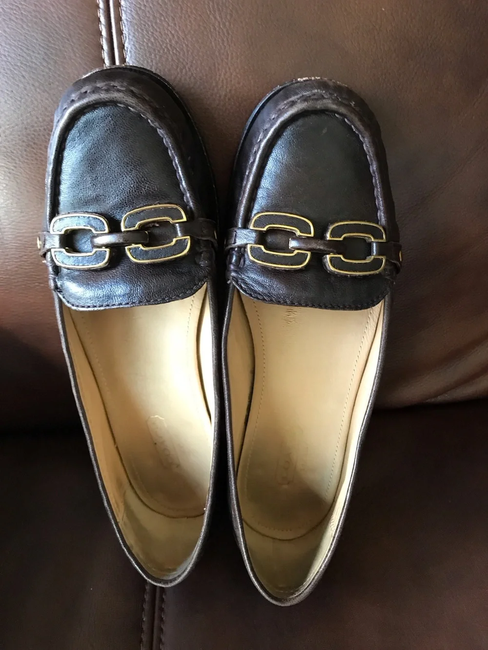 Coach Brown Leather Slip-On Loafers with Gold Hardware